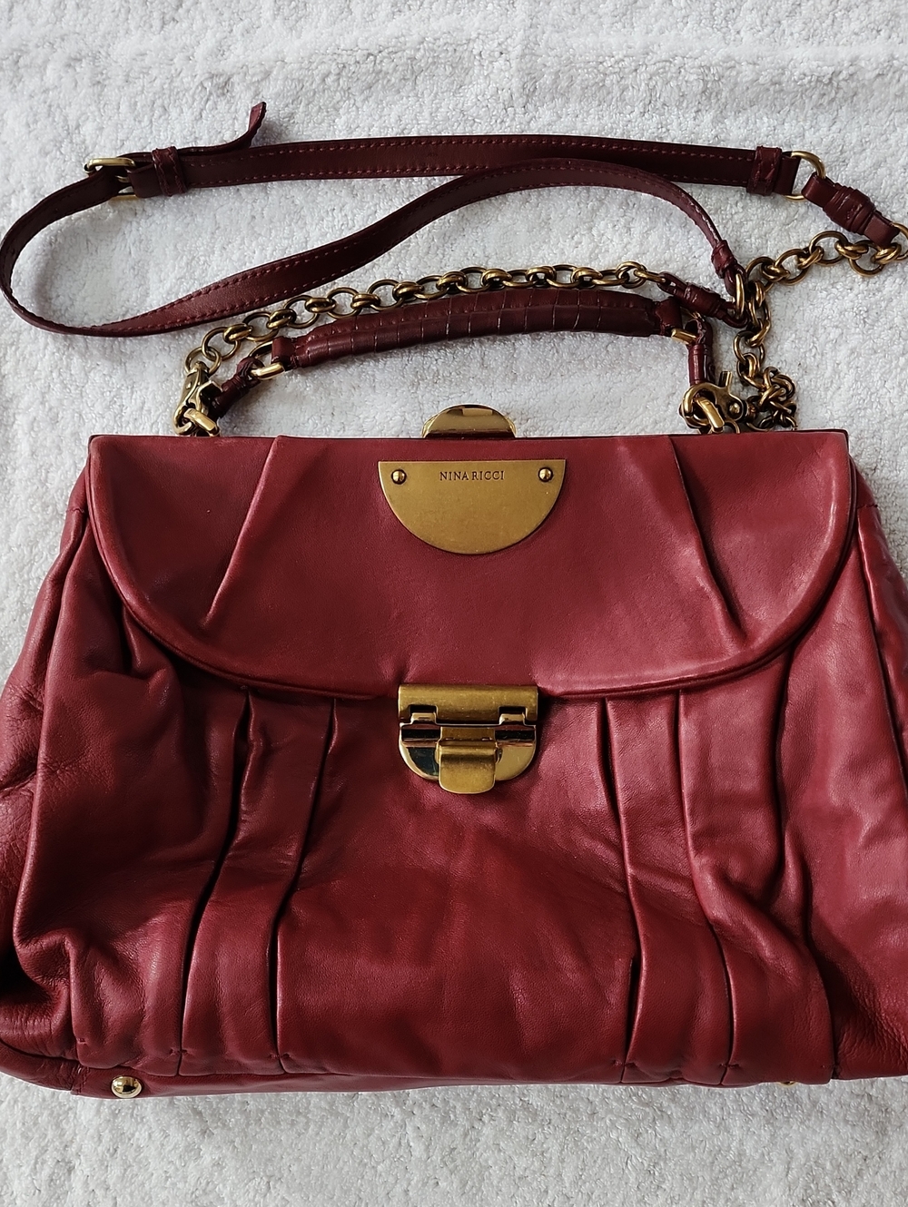 Nina Ricci Wine Red Leather Satchel with Gold Hardware Preowned
